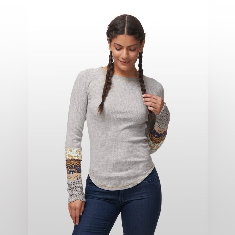 Free People Gray Long Sleeve Top with Patterned Sleeves